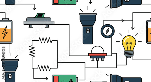 Electrical Circuit Seamless Pattern Vector Illustration Featuring Batteries Light Bulbs and Flashlights for Engineering Education and Technology Backgrounds