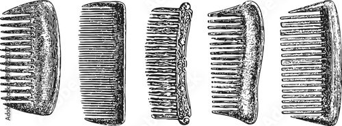 Vintage comb collection set of five detailed antique hair combs illustration grooming, styling tools