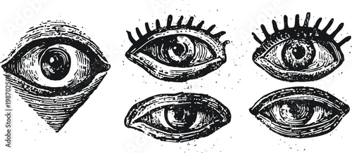Vintage hand drawn eye illustrations with detailed lashes and pupils in black ink sketch