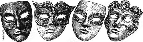 vintage theatrical masks collection classic drama and comedy facial expressions in detailed black and white illustration