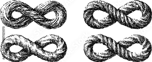 hand drawn twisted rope loops set detailed vintage illustrations of intertwined knots and loops