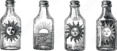 Four vintage glass bottles with intricate sun and sunrise illustrations in black and white engraving
