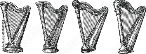 vintage harp illustrations set showing four different classical harp designs in black and white