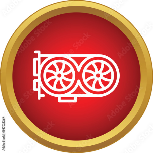Computer graphic card outline vector icon on a red background with golden border