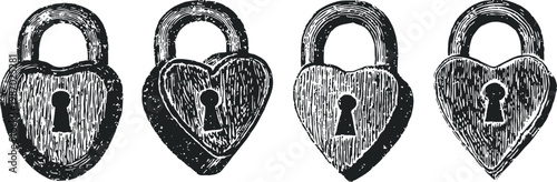 Vintage padlocks set old, rustic locks in classic and heart shapes with keyholes security and protection symbols