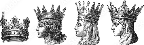 Vintage royal crowns and queen profiles detailed black and white engraved illustrations set