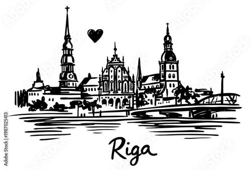 Hand Drawn Illustration of Riga City Skyline Featuring Iconic Churches and Historic Buildings Along the Daugava River, a Symbolic Heart Floats Above the Famous Latvian Capital