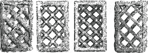 Vintage wooden lattice panels with diagonal and diamond shaped carved patterns, rustic architectural design elements
