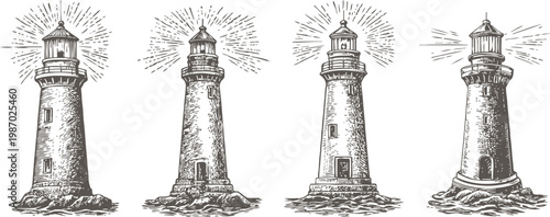 Set of four hand drawn vintage lighthouses on rocky bases with shining light beams