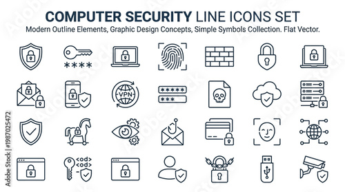Computer Security Line Icons Set Cyber Protection and Data Privacy Outline Symbols