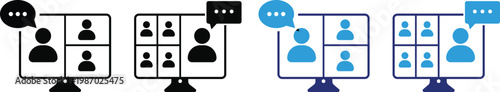 Online meeting icon set.  Webcam and microphone icons. teamwork discussion symbol design. training icons on computer, laptop, tablet, mobile phone. Digital communication signs
