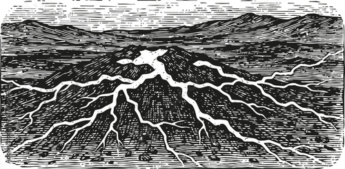 Volcanic eruption landscape with lava flowing down mountain slopes in black and white engraving