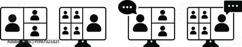 Online meeting icon set.  Webcam and microphone icons. teamwork discussion symbol design. training icons on computer, laptop, tablet, mobile phone. Digital communication signs
