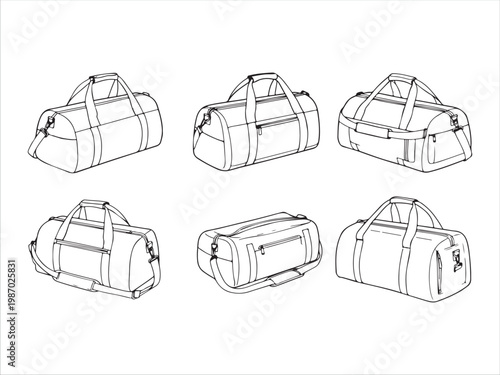 Six Different Styles Of Travel Duffle Bags Sketch Line Art Design