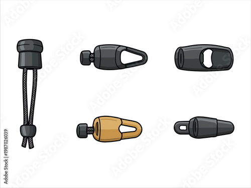 Various types of carabiner and lanyard hardware for climbing and outdoor gear