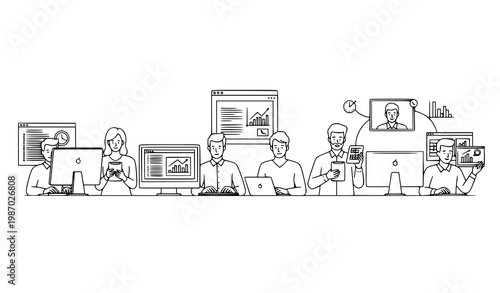 People using computers and tablets line art vector set professionals working digital devices minimal