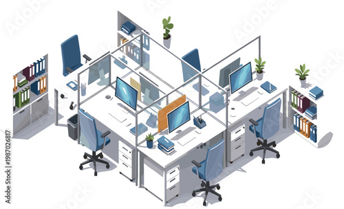 Isometric office workspace with four desks and glass partitions modern corporate interior vector illustration