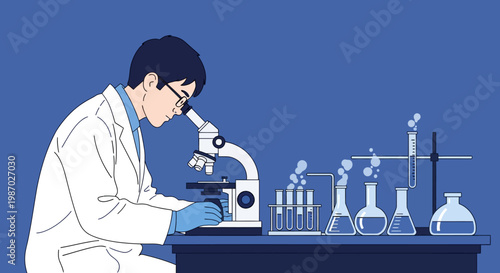 Scientist looking through microscope in laboratory with test tubes and flasks, research concept.