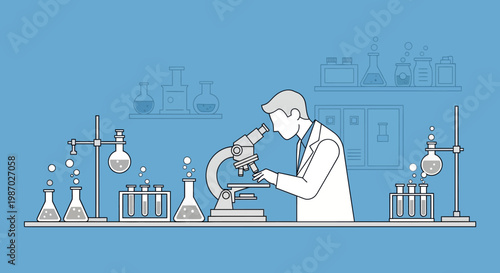Scientist looking through microscope in laboratory, scientific research, medical experiment, blue background