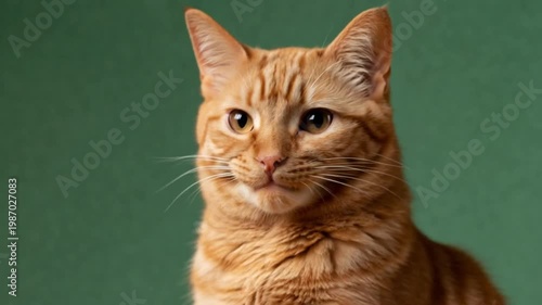 Playful ginger cat orange tabby funny kitten on green background with open mouth sharp tooth and cute paw whisker indoor pet portrait relaxed domestic feline closeup soft cozy fur texture