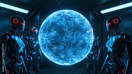 Wallpaper Mural Robots stand around a large glowing blue planet in a futuristic room Torontodigital.ca