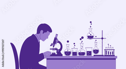 Scientist working with microscope and beakers in laboratory, flat design illustration