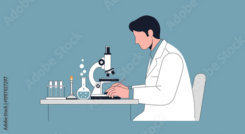 Scientist working with microscope and lab equipment in cleanroom