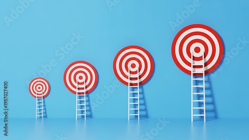 Business goals, targets, and success concept, four white ladders with red and white targets on blue background, growth and achievement in business strategy
