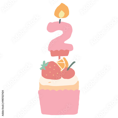 ふわふわパステルバースデー｜2歳の数字ロウソク付きカップケーキ 誕生日 幼稚園・保育園向けイラスト