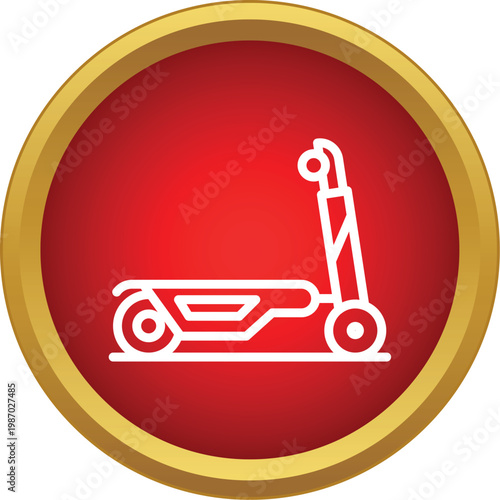 Electric scooter line icon inside a red circle with gold border