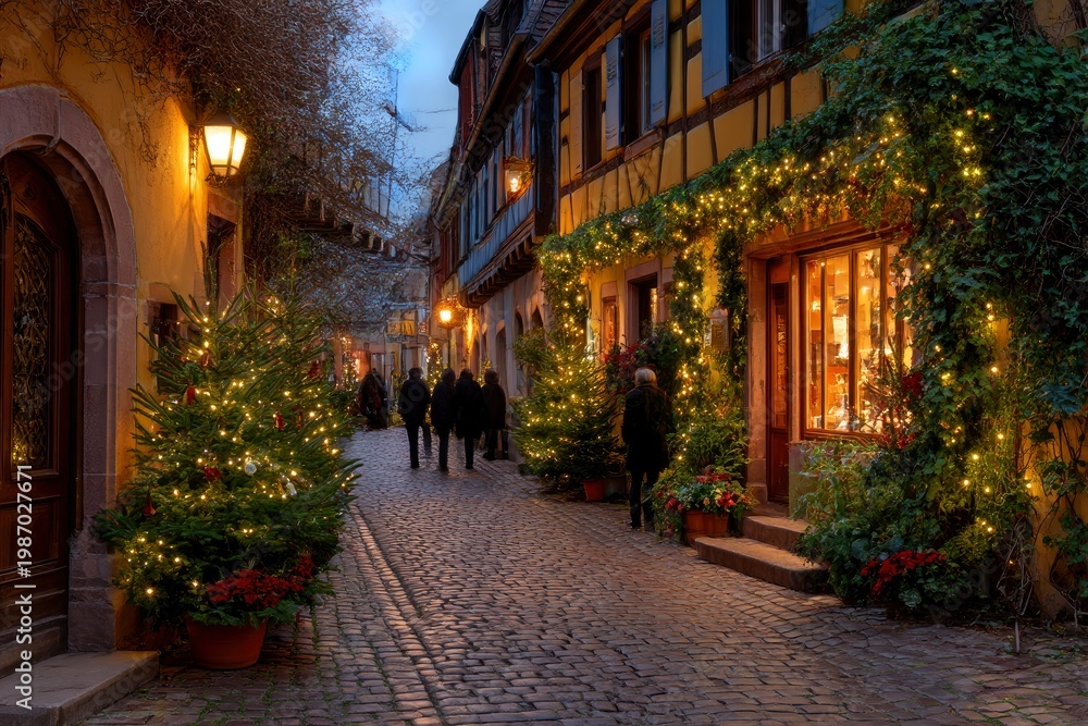 Obraz premium Christmas decorations on old european street.