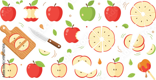 Apple fruit vector illustration collection with whole sliced cut pieces wooden board knife caramel candy and fresh organic elements isolated on white background.