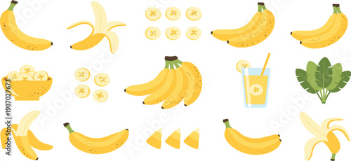 Banana fruit vector illustration collection with whole peeled sliced pieces smoothie drink bowl and fresh tropical elements isolated on white background.