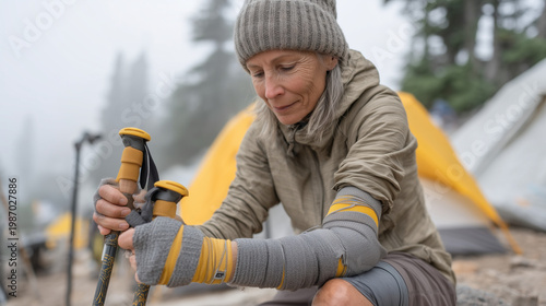 Elderly woman with compression gloves and knee brace sets up adaptive trekking poles at misty campsite, senior camping independence, sixty-five plus active outdoors, arthritis-friendly camping gear,