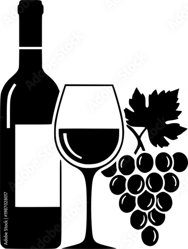 Wine and Grapes Minimalist Vector Illustration, Black and White Enotourism Art
