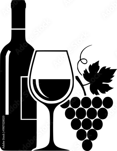 Wine and Grapes Minimalist Vector Illustration, Black and White Enotourism Art
