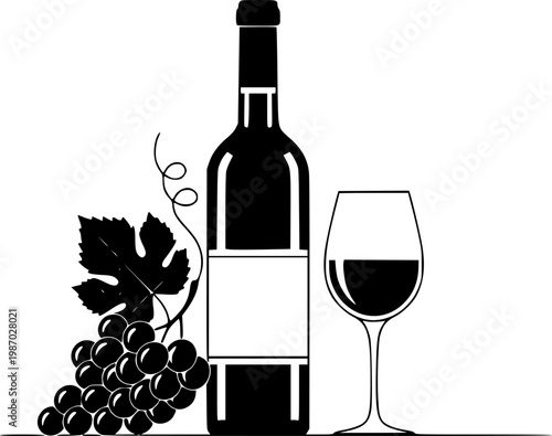 Wine and Grapes Minimalist Vector Illustration, Black and White Enotourism Art
