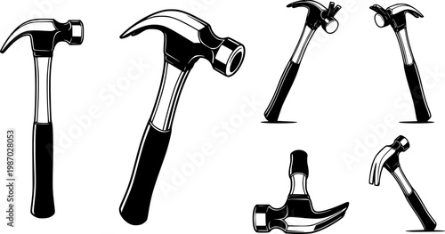 Black and white illustration of a classic claw hammer tool concept art. Vector illustration
