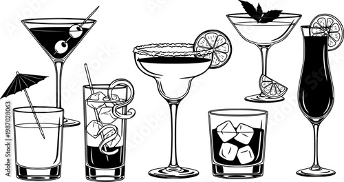 Assorted cocktails collection vector black and white illustration. Various drinks in different glasses with garnishes.
