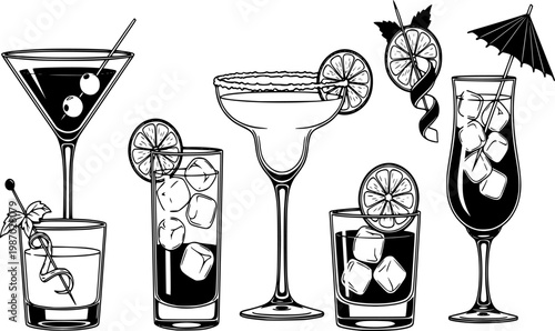 Assorted cocktails collection vector black and white illustration. Various drinks in different glasses with garnishes.
