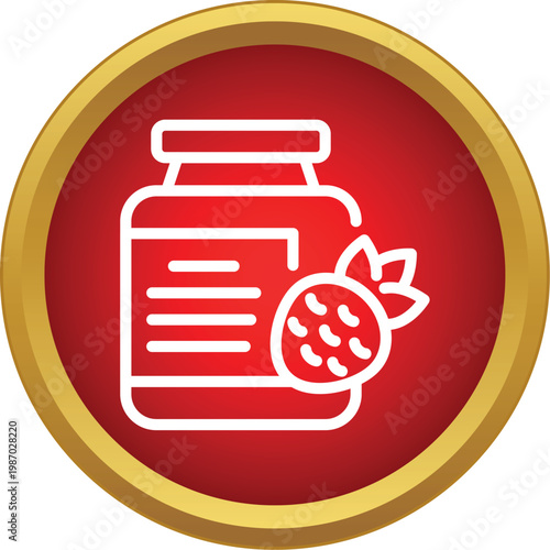 Strawberry jam jar with a label and berry icon in a red circle