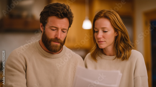 Husband and wife reviewing Chapter 7 paperwork at kitchen table, foreclosure letter visible beneath documents, overhead fluorescent light, financial crisis, mortgage default, bankruptcy and housing 