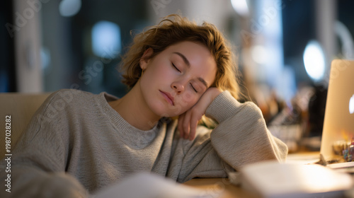 Candlelit home office late at night, a young female content creator slumped over a cluttered desk surrounded by ring lights, camera equipment, unread brand emails, and an untouched meal, burnout exh