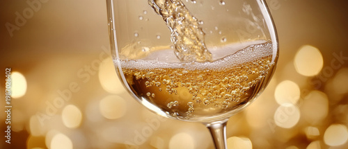 Sparkling champagne pours into a glass, creating a frothy head that evokes a sense of celebration and provides the perfect backdrop for a festive occasion or a wine-tasting event.