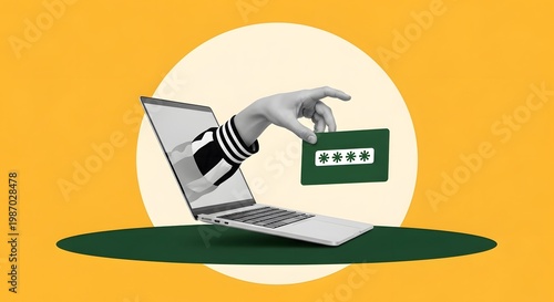 Surreal digital collage of a hand in a striped sleeve emerging from a laptop screen to steal a password card. Concept of phishing, identity theft, and data breach in a minimalist 3D art style.
