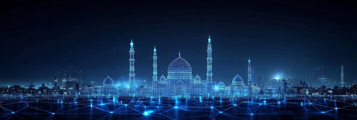 Futuristic Cairo Nightscape A Stunning Vision of a Cyber Mosque Illuminated by Digital Technology