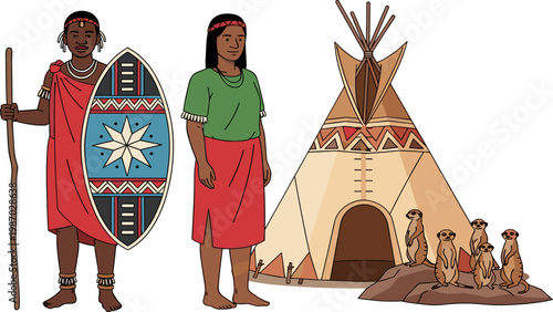 African Tribal People Illustration with Traditional Clothing, Indigenous Culture Characters, Village Hut Scene, Ethnic Heritage Lifestyle Vector Design