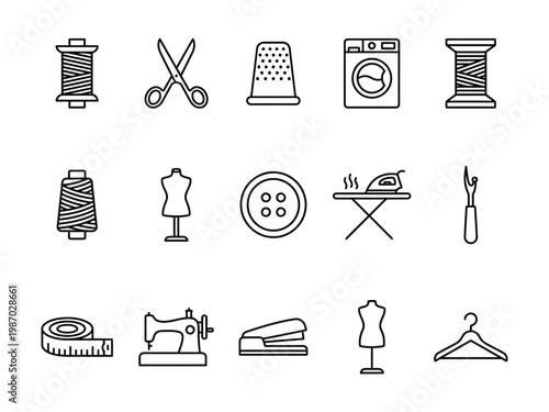 Sewing and tailoring tools and equipment vector line art icons set with sewing machine ironing board seam ripper measuring tape black white fashion design craft supplies tailoring handmade
