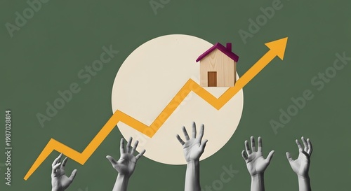 Surreal digital collage of hands reaching for a small wooden house perched on a rising orange arrow. Concept of competitive housing market, real estate inflation, and the dream of home ownership.