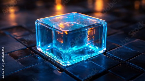 A glowing blue cube with internal reflections on a dark surface conveys a sense of mystery and serves as an atmospheric backdrop for technology or quantum concepts.